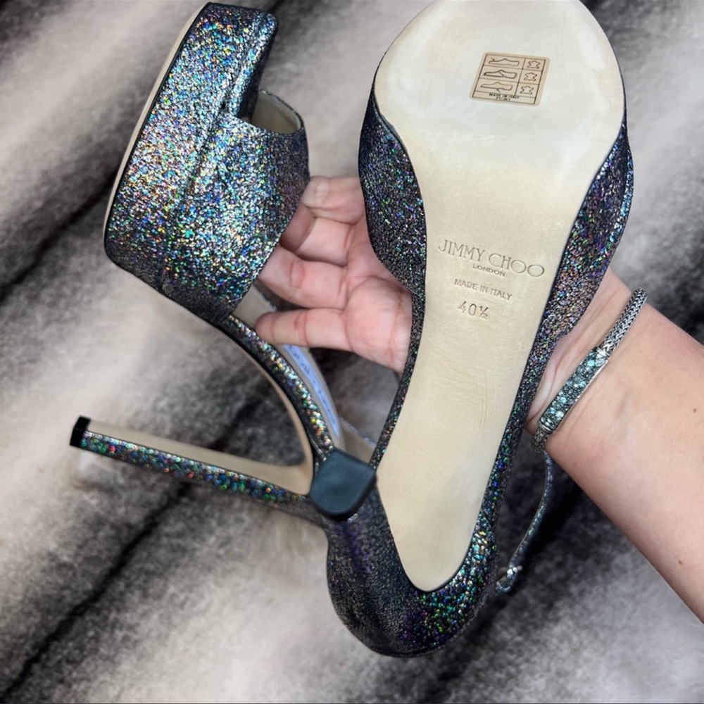 Jimmy Choo Pattie 130 Multi Hologram Leather Platform Sandal Heels - Picture 8 of 11